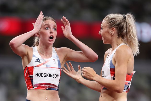 Keely Hodgkinson of Team Great Britain, with teammate Alexandra Bell, after she won the silver medal in the Women's 800m Final at the Tokyo 2020 Olympic Games.
