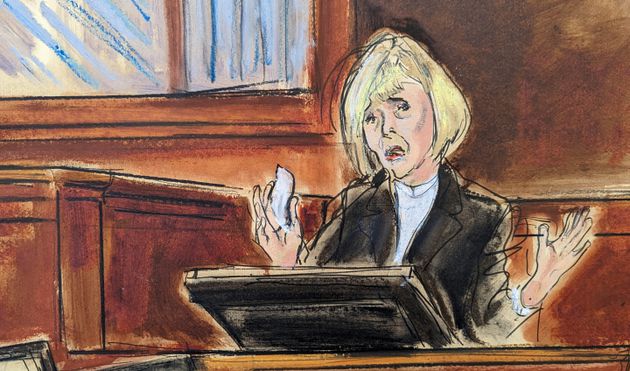 E Jean Carroll, seen here in an April 26 sketch, occasionally spoke through tears during her testimony about the alleged rape.