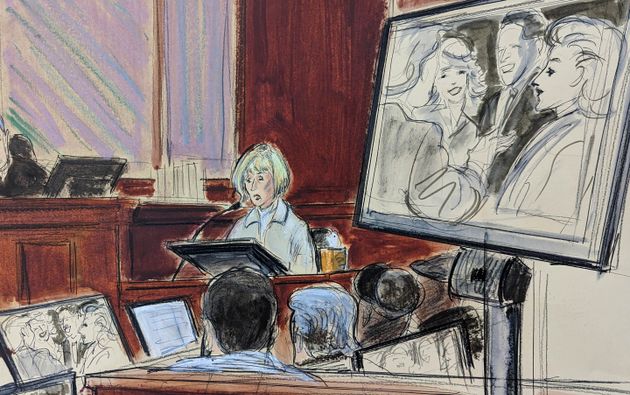 In this courtroom sketch, in Federal Court, in New York, Thursday, April 27, 2023, E Jean Carroll, center, testifies on the witness stand as a photo of her and Donald Trump, along with his wife Ivana and Carroll's former husband, is shown on a screen. The photo was taken prior to the alleged assault. The jury is in the foreground.
