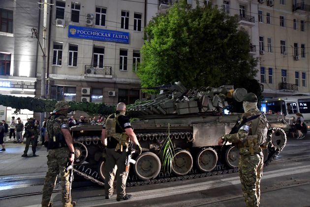 Members of the Wagner Group prepare to depart from the Southern Military District's headquarters and return to their base in Rostov-on-Don, Russia on June 24, 2023.