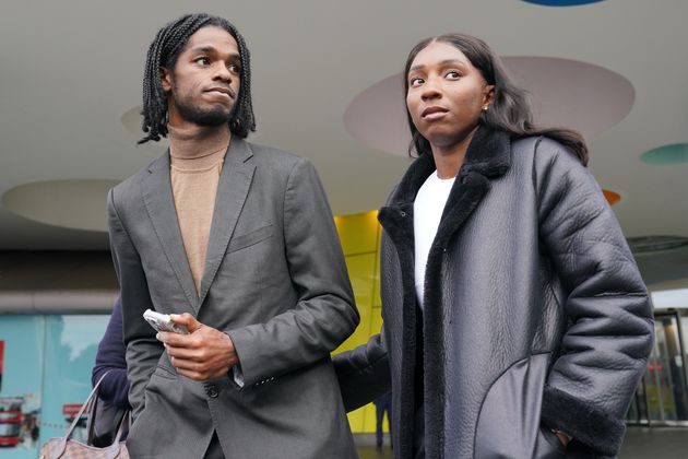 Athletes Bianca Williams and Ricardo Dos Santos speak to the media outside Palestra House, central London, after the judgement was given for the gross misconduct hearing of five Metropolitan Police officers over their stop and search.